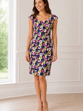 Boden Woman's Silk Cap Sleeve Vibrant Pansies Knee Length Dress Size 4 R